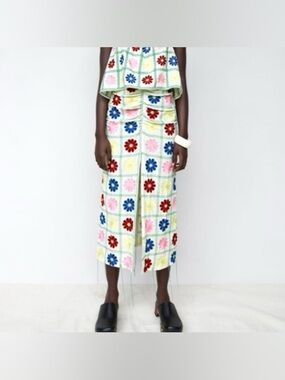 ZARA Floral Grid Midi Skirt w/ Front Slit and Ruching